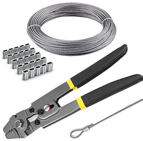 Stainless Steel Wire Cable Crimping Tool Kit, Cutter &Crimper Plier, 100FT 304 Wire Rope, 100pcs Aluminum Sleeves Stops Complete Kit (1/32'' Stainless Steel Cable Kit)