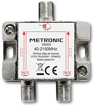 Metronic 336302 - Distribuidor de TV, Divisor coaxial, DVB-T2 y satélite, Divisor Antena TV, blindado, metálico 1 Entrada - 2 Salidas F