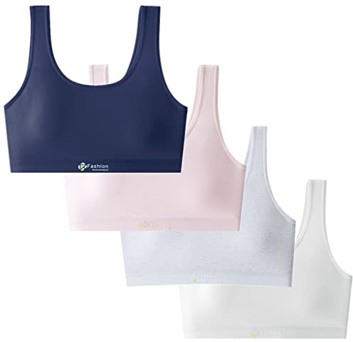 Herepai Big Girls' Sports Bra with Breathable Pads Teens Cotton Training Bras (12-15 Years,Navy,Pink,Grey,White)