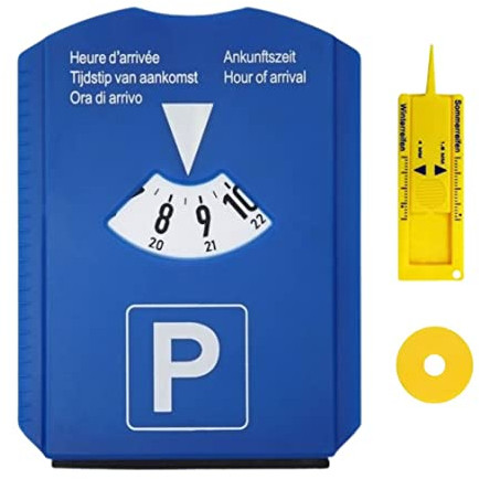 DISQUE STATIONNEMENT ZONE BLEUE avec Gratte Givre Pare Brise Voiture | Jauge de Profondeur de Pneu Auto | Jeton de Caddie | Disque bleu PVC Plastique | Durable et Indechirable