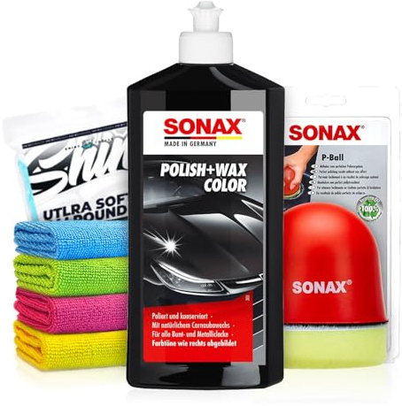 Politurset: SONAX Polish+Wax Color schwarz (500 ml) Auto Politur mit schwarzenFarbpigmenten und Wachsanteilen +Applikator + Mikrofasertücher | mühelos zum perfekten Polierergebnis | 6-Teilig