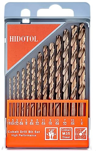 HIDOTOL 13 PCS Cobalt Drill Bit Set M35 HSS Twist Drill Bits 1/16-1/4 for Hardened Metal, Stainless Steel, Cast Iron, Plastic and Wood