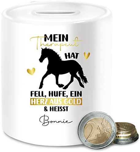 Spardose - Pferd Pferde - Mein Therapeut hat Fell, Hufe und EIN Herz aus Gold - Unisize - Weiß - Geschenke für reiterinnen pferden Fell sparbüchse pferdespardosen pferdemotiv Keramik