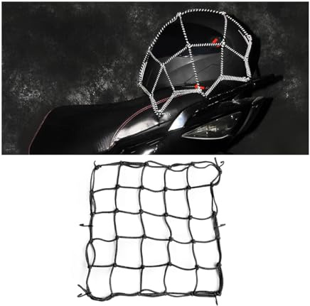 CGEAMDY Motorcycle Reflective Cargo Net, 40 x 40 CM Bungee Cargo Net Natural Latex Core, Stretchable Luggage Thicken Netting with 6 Hooks, Fuel Tank Helmet Mesh for Motorcycle Bikes ATVs (Black)