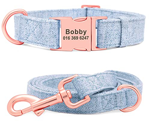 SARUEL Individuell Graviertes Hundehalsband Und Leine Langlebiges Hanf-Haustier-ID-Halsband Führstrick Mit Namensschnallenplatte Für Kleine Mittelgroße Hunde,BLAU,M