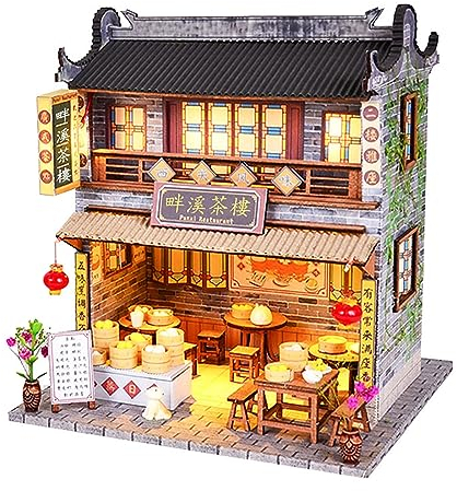 Maquette Maison Miniature pour Adulte à Construire, DIY Maison De Poupée Miniature Bois en Kit Maison De Poupée Loft Chinois à L'échelle 1:24 Cadeau De Bricolage Artisanal-Salon De Thé Panxi
