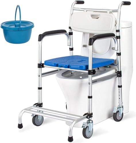 MISKYN Toilettenstuhl Mit Rollen, Höhenverstellbarer Toilettenstuhl, Toilettensitze Und Toilettenstühle, Duschstuhl Mit Rollen Mit Toilette Für Ältere Menschen,A