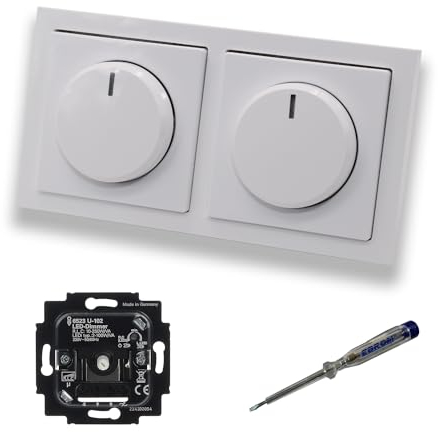 Busch Jäger 6523U-102 (2 Stück) LED Drehdimmer Dimmer + Dimmerscheiben 6540-84-102 in Future Linear Studioweiß glänzend im 2-fach Rahmen + EBROM Phasenprüfer zur Montage der Geräte 6523 U - 102