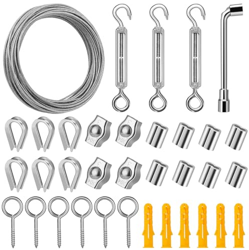 DIYLAND 20M Corde en Acier Inoxydable à Suspendre Kit, 2mm PVC Câble en Acier Inoxydable Revêtu avec Tendeur M5 de Fil, Câble d'image pour Outdoor Suspension,Plante Grimpante,Corde a Linge