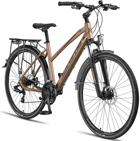 Licorne - Bike Bicicletta da trekking in alluminio, da 28 pollici, cambio a 21 marce, mountain bike, crossbike, bici da donna, colore oro