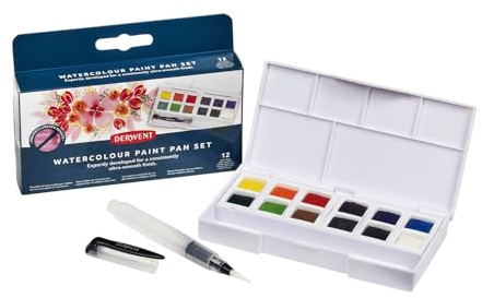 Derwent Watercolour Paint Pan 12 Set, Set of 12, Half Pan Size, Water-Soluble, Ideal for Painting, Professional Quality, Travel Size, 2306323