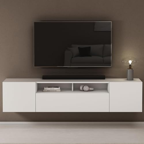 doporro TV Lowboard Schrank 180cm großer Stauraum Hängend Fernsehschrank | TV Board mit Klapptür & offenen Ablagefächern, matt Weiß Wand Fernsehtisch für Fernseher, Wohnzimmermöbel Fernsehschrank03