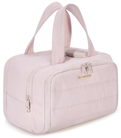 BAGSMART Large Travel Toiletry Makeup Bag, Upright Storage, Brush Pocket | Women Vanity Case, Wide Opening Cosmetic Wash Bag with Wet Pocket, Travel Accessories, Puffy, Quilted, Pink