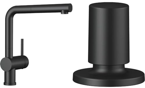 BLANCO LINUS-S | Küchenarmatur in schwarz matt | Hochdruck & Zugknopf rund schwarz matt | Erforderliches Loch/Bohrdurchmesser: 14-35 mm | Kombinierbar mit allen BLANCO Spülen und Ablaufgarnituren