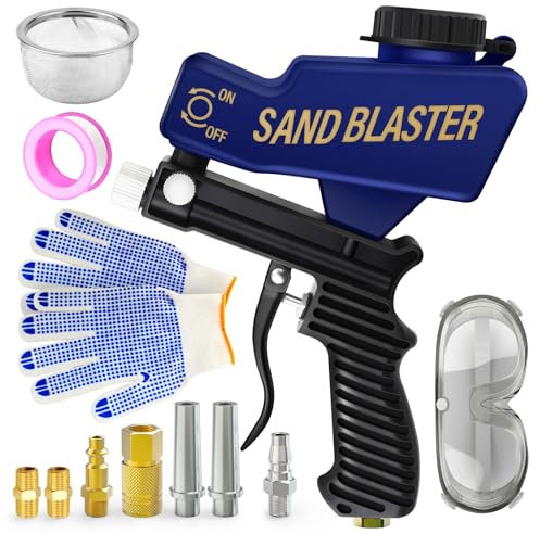 QCDENG Kit de pistolet à sable bleu, portable et pratique pour compresseur d'air pour enlever la peinture, la rouille, les taches et la crasse des surfaces métalliques et du bois