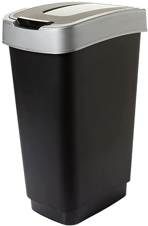 Sustania Poubelle de cuisine de 50 l, anti-odeurs, avec couvercle basculant, 60 x 45 x 34 cm, en plastique robuste, recyclable, noir/argenté, fabriquée dans l’UE