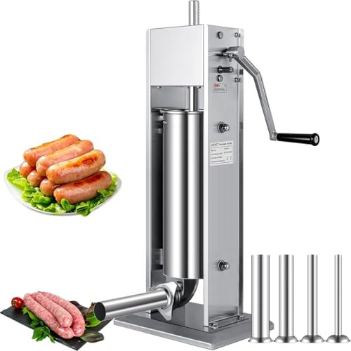 Sausage Stuffer, Manual 5L Sausage Maker Machine, Stainless Steel Vertical Sausage Maker, 2 Speed, with 4 Stuffing Tubes, for Commercial and Home Use