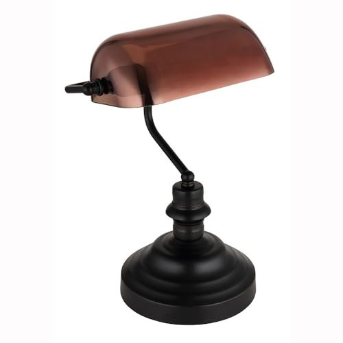 Tischleuchte Tischlampe Leseleuchte Schlafzimmerlampe Wohnzimmerlampe Bankerleuchte, Metall Glas kupferfarben schwarz, E27, H 36 cm
