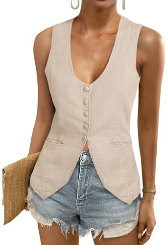 Tankaneo Womens Scoop Neck Blazer Vest Summer Linen Sleeveless Fitted Waistcoat Work Casual Cotton Suit Tops