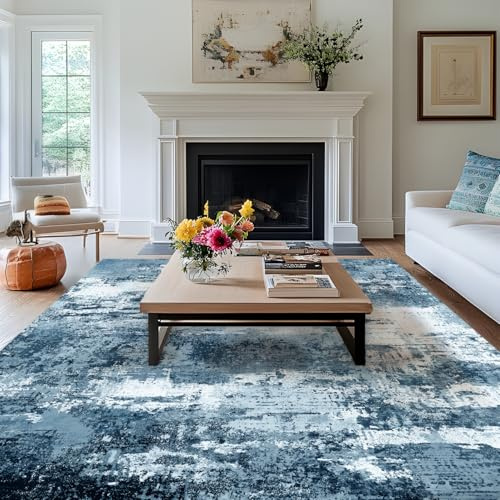 MAST DOO Teppich Wohnzimmer Waschbarer, Moderner Kurzflor Teppich Großer, Abstrakte Schlafzimmer Teppiche Waschbar rutschfest Design für Esszimmer Büro Bereich Dekor Dunkelblau Größe 140x200cm