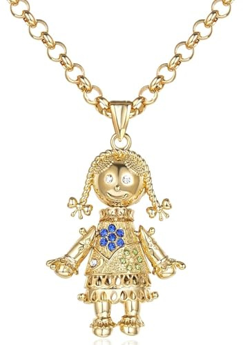 THE BLING KING Gold Rag Doll Pendant Necklace for Women, Multi-Colour CZ Stone Doll Charm, 22-Inch 5mm Belcher chain, PVD Gold Plated Statement Necklace, Gift for Her