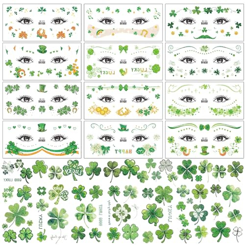 Qpout Glitter St. Patrick's Day Kleeblatt Temporäre Tattoos, Zwei Größen Klee Gesicht Augen Make-up Tattoos Aufkleber für Irish Parade Party Favor Body Make-up Zubehör