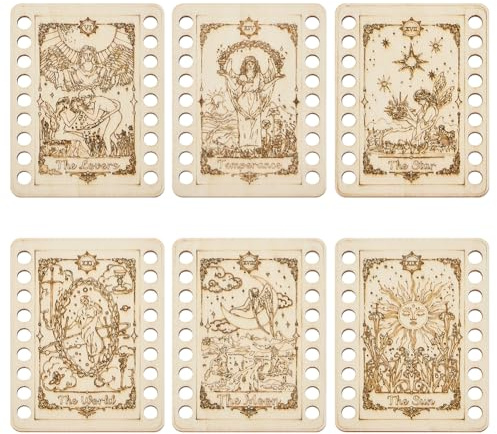ORIGACH 6 Set Tarot Sticktwist Organizer Karten Holz Kreuzstich Fadenhalter Stickerei Floss Organizer Stickgarn Halter für Gewinde Sewing Craft Kreuzstichzubehör, Mond Sternen und Sonnemotive
