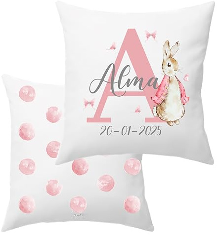 Worfull Regalos Cojín Personalizado con Nombre, cojín guardería, cumpleaños, Vuelta al Cole, cojín Personalizado bebé, un Regalo Original. Dibujo Acuarela. (coneja Chaqueta Rosa)