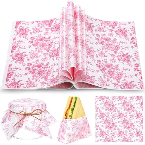 Marspark 100 Sheets Pink Floral Wax Paper for Food Wrapping, 11.4 x 11 Inch | Decorative Parchment Paper, Sandwich Deli Paper, Greaseproof, Food Liners Basket Spring Church Wedding Birthday Picnic Party