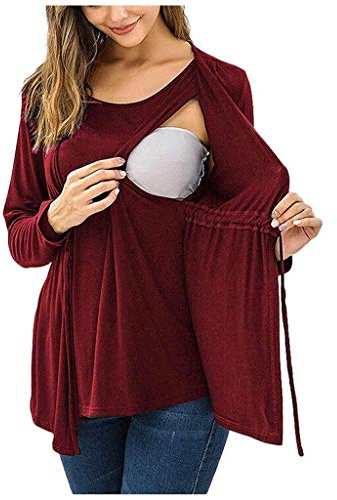 Robe festive Femme Noël Femmes Manches Double Couche pour Allaitement Pots T-shirt Long Maternité Blouse Blouses pour Femmes Manches Longues, Bordeaux, M