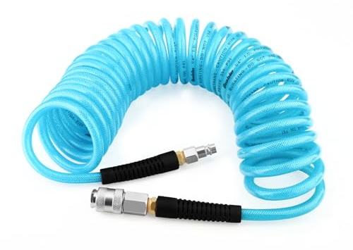 GASHER 1/4 x 7.5m Manguera de aire de poliuretano de 6mm de diámetro exterior con limitador de curvatura, acoplador rápido y enchufe de 1/4 Europa, para compresor de aire, azul