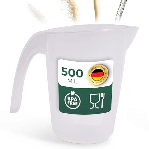 Novaliv Taza medidora de 500 ml, vaso medidor, 0,5 l, juego transparente con escala transparente g/ml para líquidos de harina y azúcar, fabricado en Alemania, apto para lavavajillas, tazón para