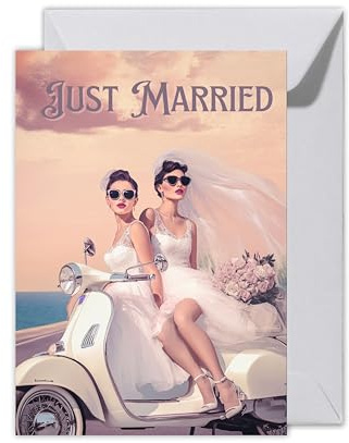 WBdesignz Queer Hochzeitskarte mit Umschlag - Just Married Glückwunschkarte zur Trauung Retro Scooter Ozean Meer Brautpaar Gay Liebe Verlobung Hochzeitskarte LGBTQ+ (XXL, Just married)