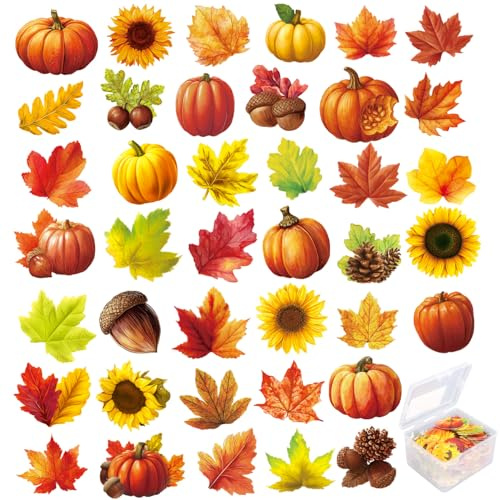 Sinbana 280pcs Autumn Edible Cake Decorations, Sticky Rice Paper Material Edible Fall Themed Cupcake Topper Include Maple Leaf Pumpkin Sunflower Hazelnut Acorns Patterns for Baking Food(40 Styles)