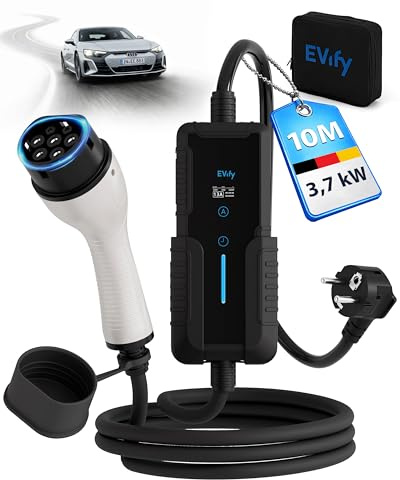 EVify Câble de charge type 2 Schuko 3,7 kW 10 m 16 A pour voiture électrique et hybride avec sac de rangement - Intensité / puissance de charge réglable 6, 8, 10, 13, 16 A, idéal pour installation PV