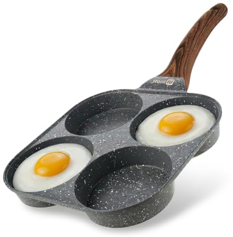Homiu Egg Frying Pan – 4-Cup Non Stick Omelette, Pancake & Poached Egg Pan with Heat-Resistant Handle | Induction Hob Compatible, Easy Clean Breakfast Skillet, PFOA Free Aluminium Pan (Black)