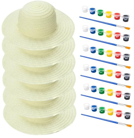 SHITOOMFE Tea Party Hats, 6 Set White Straw Hat Set DIY Kids Straw Hats with Pigment Brush Craft Art Painting Cap Tea Party Supplies Gifts for Kids Adults