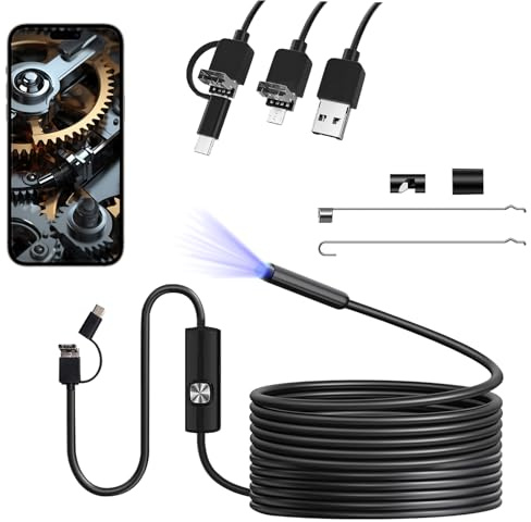 Endoscopio per Smartphone,Alta Definizione Telecamera Endoscopio Impermeabile Ip67, 3in1 HD Endoscopica Ispezione 6Luci, 5,5 mm Cavo Semirigido 360°, Compatibile con Smartphone/PC USB Type-C/Micro(5M)