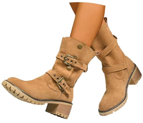 Generisch Botines con hebillas para mujer, con botas de invierno, de ante, vaquero, botas de equitación, invierno cálido, tacón de bloque, botines para otoño, botas de entretiempo, O Marrón, 37 EU