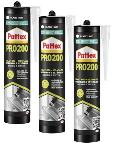 PATTEX Colle Fixation PRO200, mastic de fixation polymère à très fort maintien immédiat, intérieur et extérieur, coloris blanc, cartouche 480 g (Lot de 3)