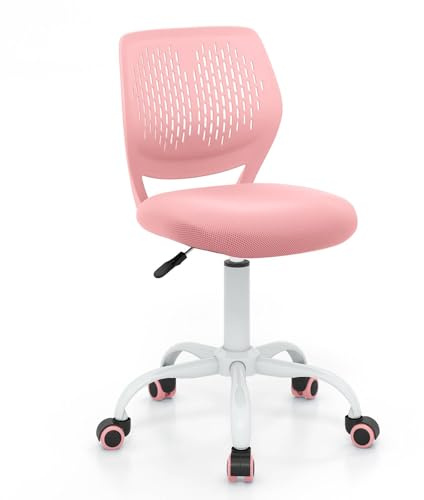COSTWAY Kids Desk Chair, Height Adjustable Swivel Computer Chair with PU Casters & Gas Lift, Ergonomic Mesh Task Study Chairs for Boys Girls (Pink)