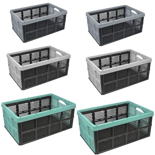 com-four® 6x Klappbox 32 L - Transportbox mit Griffen, 15 kg Tragkraft - stabile Aufbewahrungsbox - Klappkorb - Faltkiste - Einkaufskorb zusammenklappbar - stapelbare Kunststoffbox [Auswahl variiert]