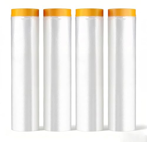 4 Rollen Abdeckfolie mit Klebeband, 200cm x 20m Transparent Abdeckfolie, mit Goldband UV Beständig Malerfolie, Staubdicht Malerplane für Wandanstriche, Schutz von Autolacken, Staubschutz für Möbel