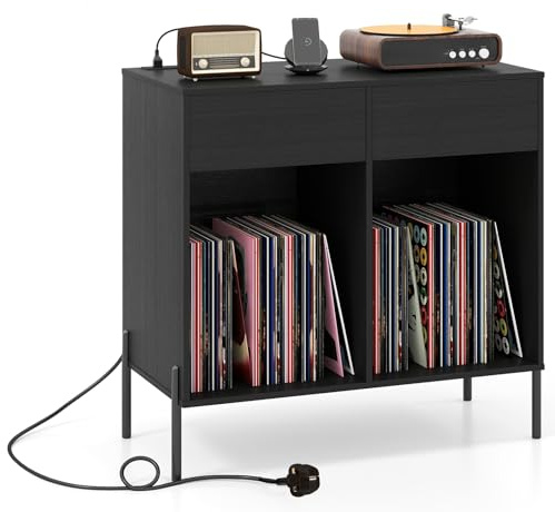 COSTWAY Record Player Stand with Charging Station, Turntable Stand End Side Table with 2 Drawers and 6 Dividers, Metal Legs Albums Vinyl Record Storage Cabinet Holder for Living Room Bedroom (Black)