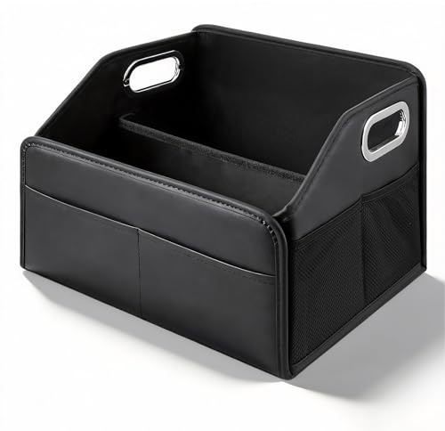 TranRantic Kofferraum Organizer, Faltbar Auto Organizer mit Metallgriffen | Leder Kofferraumtasche mit Abnehmbarer Trennwand, Vielseitig Aufbewahrungsbox für Auto, SUV und LKW