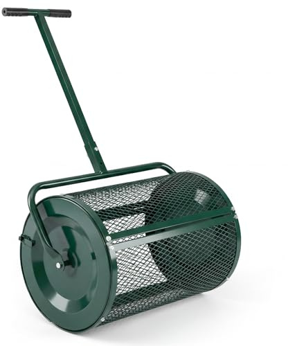 GYMAX Épandeur de Compost 77L, Rouleau en Maille Métallique avec Loquets, avec Poignée en T Réglable en Hauteur 108/113cm, Largeur 61 cm, pour Épandre d'Engrais, Fumier Gazon Pelouse, Jardin (Vert)
