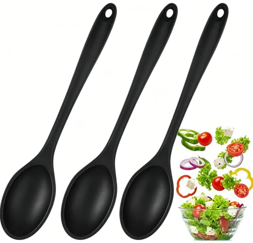 Kochlöffel Silikon Rührlöffel, 3 Stück Antihaft Silikonlöffel Schwarz, 27cm Langen Griff Silikon Kochlöffel, Silicone Servierlöffel Kunststoff, Silicone Mixing Spoons für Küche, Kochen, Backen, Rühren