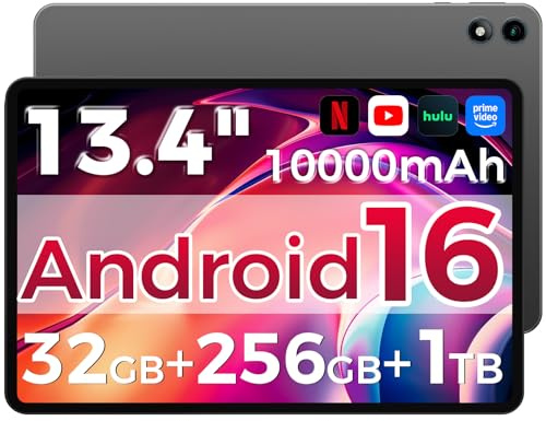 RebotAi Tablet 13.4 Inch, Android 16 Tablet with Octa-Core Processor, 32GB RAM+256GB ROM/ 1TB TF, 10000mAh Large Tablet 1920 * 1200 IPS, 5+16MP/GPS/Gemini AI/Widevine L1, Case Included