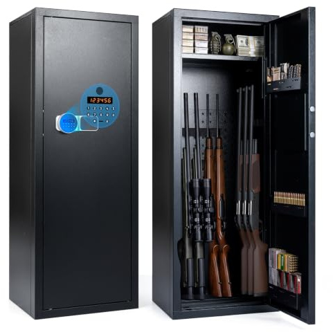 COSTWAY Armario para 6 Armas Largas con Llaves, Cierre Electrónica | Armero de Metal para Fusiles con Estantes Desmontables, Alarma, Portamuniciones, Luz LED, Caja Fuerte para Armas