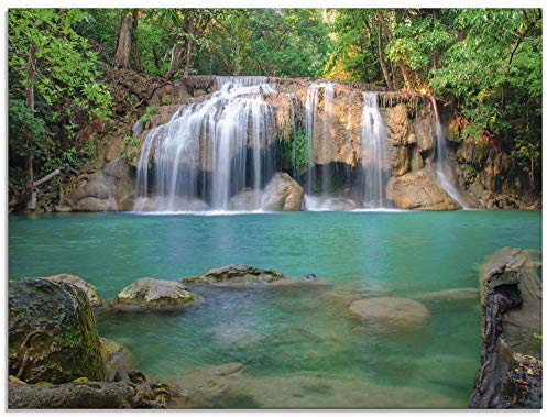 ARTland Wanddeko Glasbilder Wandbild Glas Bild einteilig 80x60 cm Querformat Natur Wald Dschungel Urwald Wasserfall Fluss Landschaft Thailand S6CI